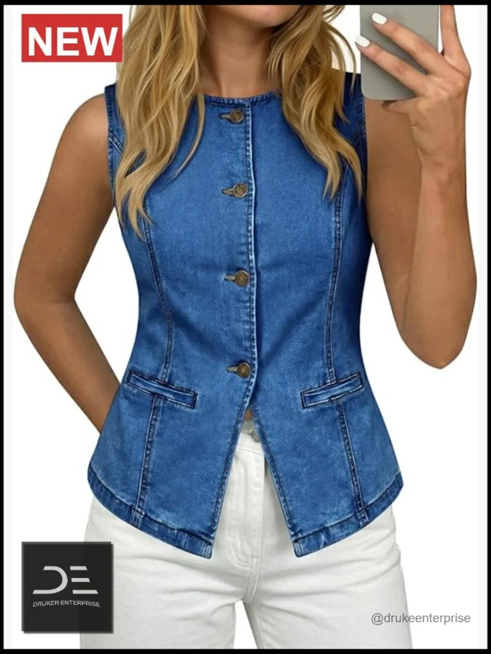 Women's Fitted Denim Vest Sleeveless Button Down Jean Vest